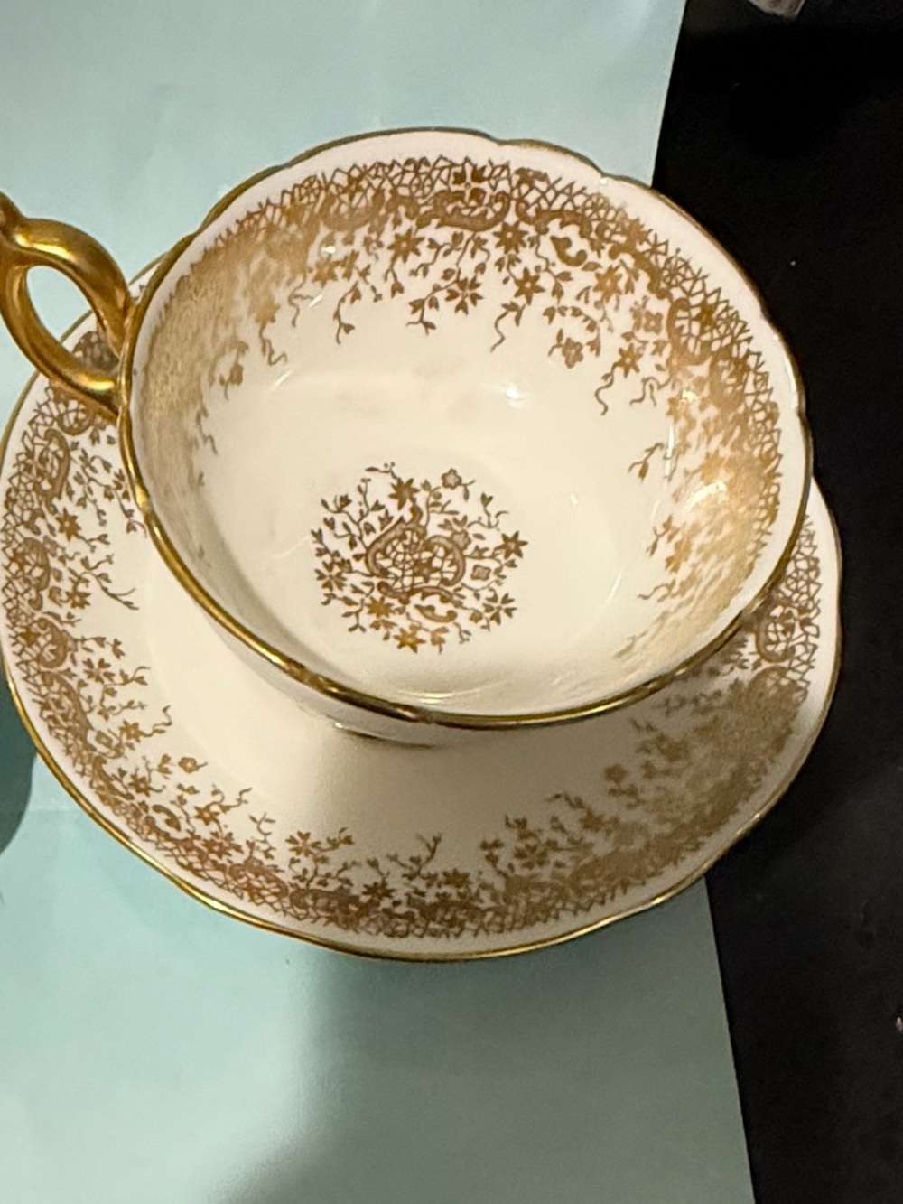 Coal Port Gold Filigree Porcelain Tea Cup and Saucer - Elegant White and Gold